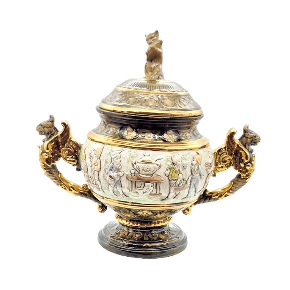 Vintage German Rumtopf Tureen & Lid Gnome & Dragon Handles Motif Large 15" Tall - Picture 1 of 14